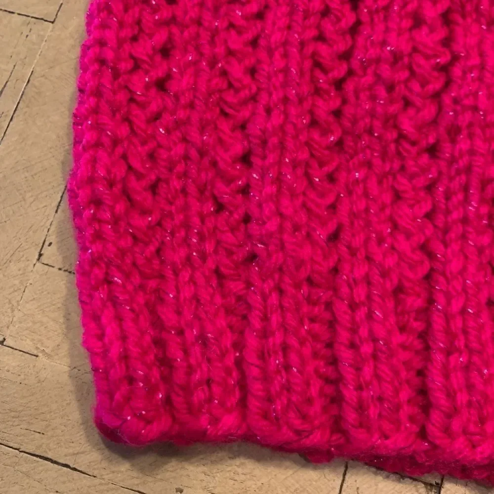 Hand-Knit Metallic Magenta Slouchy Beanie Statement Chunky Cable Shimmer NWT